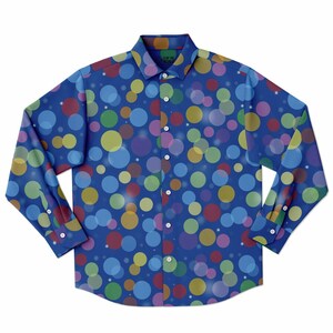 May include: A blue long-sleeved button-down shirt with a colorful polka dot pattern. The dots are translucent and have a slight shimmer.