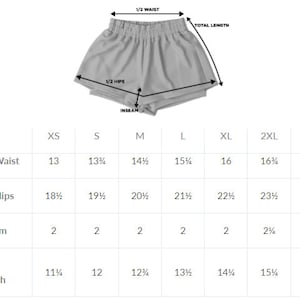May include: Light gray athletic shorts with an elastic waistband. The image includes a size chart with measurements in inches for waist, hips, inseam, and total length, ranging from XS to 3XL.