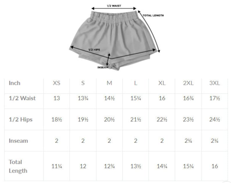 May include: Light gray athletic shorts with an elastic waistband. The image includes a size chart with measurements in inches for waist, hips, inseam, and total length, ranging from XS to 3XL.