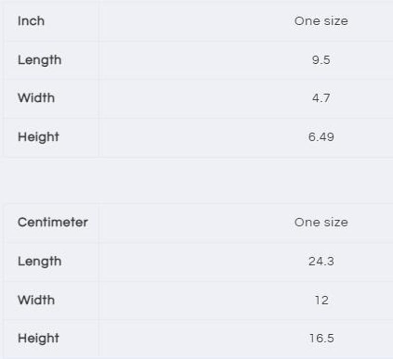 May include: Product dimensions in inches: Length 9.5 inches, Width 4.7 inches, Height 6.49 inches. One size. Product dimensions in centimeters: Length 24.3 cm, Width 12 cm, Height 16.5 cm.