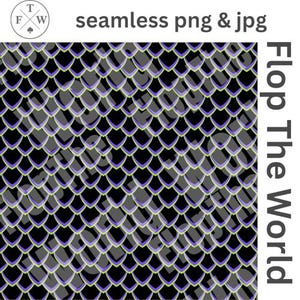 May include: Seamless pattern featuring a repeating scale design in black, gray, purple, and light green. The text "seamless png & jpg" is at the top, and "Flop The World" is written vertically on the right side. A circular logo with the letters "TFW" is in the upper left.