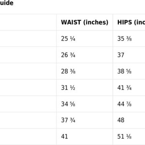 May include: Size guide chart showing waist and hip measurements in inches for sizes XS through 3XL.