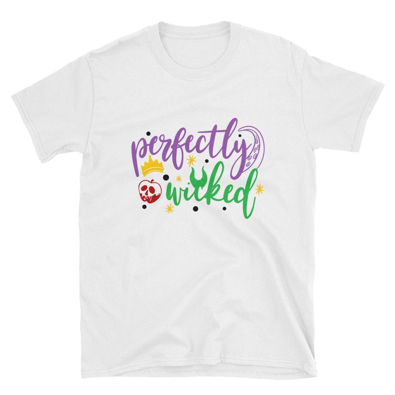 May include: White t-shirt with the text "perfectly wicked" in purple, green, and yellow. The text is surrounded by a crown, an apple, and a green poison apple.