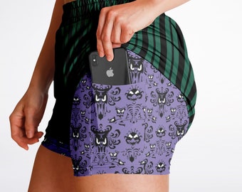 Haunted Mansion Double Layer Women&#39;s Athletic Shorts | Haunted Mansion Wallpaper | Disney Shorts | Haunted Mansion Outfit | Wear to Disney