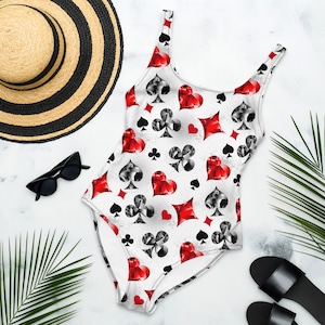 Costume da bagno intero con carte ingioiellate / Costume da bagno da viaggio al casinò / Costume da bagno da poker / Costume da bagno per festa in piscina di Las Vegas