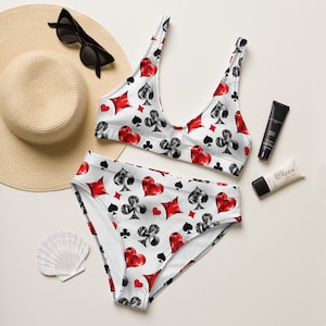 Abiti di carte ingioiellati Bikini riciclato a vita alta / Costume da bagno da viaggio al casinò / Costume da bagno da poker / Costume da bagno per festa in piscina di Las Vegas