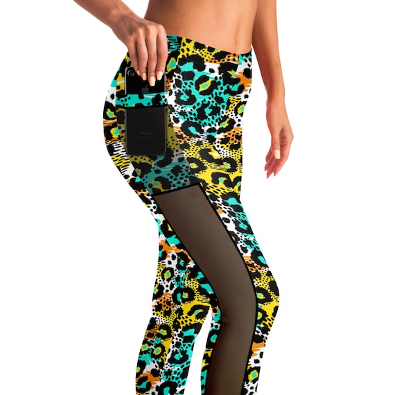 Colorful Leopard Mesh Pocket Leggings Unique Leggings Pocket Leggings  Leopard Print Leggings 