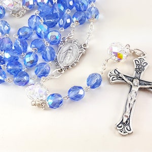 Blue Crystal Catholic Swarovski  Czech Fire Polished Rosary + Miraculous Medal