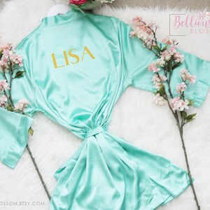 Bridal Party Satin Robes, Bridesmaid Robes, Glitter Robes, Wedding Gift, Personalized Robes, Bride Robe, Bridesmaid Gifts, Mint Satin Robe