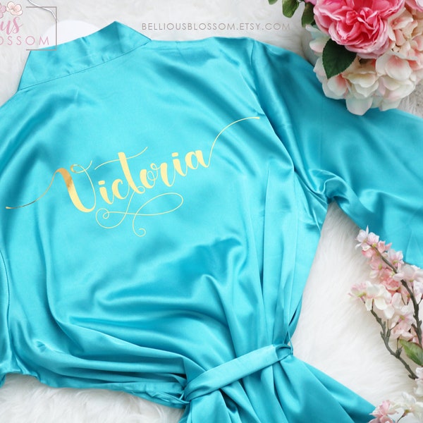Bridal Party Satin Robes, Bridesmaid Robes, Glitter Robes, Wedding Gift, Personalized Robes, Bride Robe, Bridesmaid Gifts, Teal Satin Robe