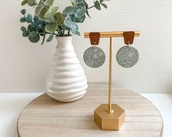 Vintage Floral Dangle Earrings | Sage Green | Wood Top