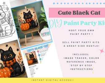 Halloween Black Cat DIY Paint Party Kit | Digital Download | Paint & Sip Printable | Beginner Acrylic Painting | Step-by-Step Instruction