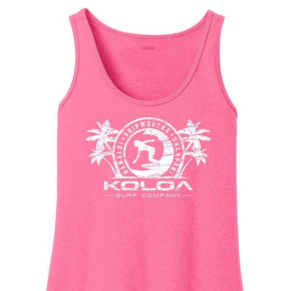 Koloa Surf Co Ladies Tank Top, Neon Pink/white Surfer Girl - Sizes: XS-4XL