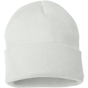 May include: A white, knitted beanie hat with a folded brim. The hat is made of a soft, textured material and is designed to keep the head warm. The beanie is a classic winter accessory.