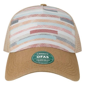 May include: A brown and white striped trucker hat with a brown brim. The hat has a green label that says "Legacy OFAS Visor Board Made From Recycled Content Live Your Legacy".