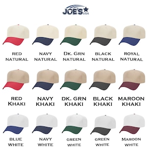 May include: A chart showing 15 different color combinations for a baseball cap. The cap is made of a natural colored fabric with a contrasting colored brim. The colors include red, navy, dark green, black, royal, khaki, maroon, blue, green, and white.