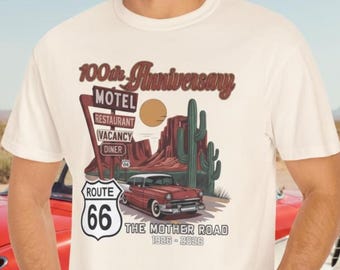 レトロなルート66百周年記念Tシャツ クラシックなアメリカンロードトリップTシャツ 100周年記念 マザーロード ルート66 記念シャツ 男女兼用