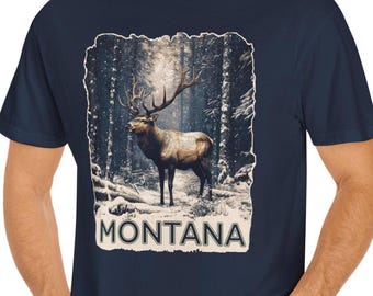 モンタナエルク ユニセックスTシャツ、自然愛好家へのギフト、アウトドアアドベンチャーTシャツ、ヴィンテージスタイルアパレル、秋ファッショントップス、野生動物愛好家シャツ