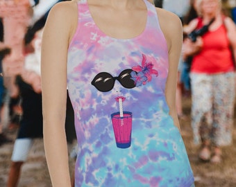 Summer Cocktails On The Beach In Paradise Women's Tie Dye Racerback Tank Top Tropical Beach And Summer Drinks Lovers Festival Shirt