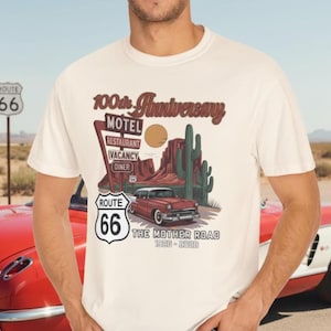 Camiseta retro del centenario de la Ruta 66. Camiseta clásica americana para viajes por carretera. Camiseta de recuerdo del centenario de la Ruta 66 para hombre y mujer.