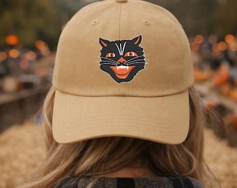 黒猫刺繍入り帽子、ハロウィンパパキャップ、不気味な魔女風野球帽、猫好きへのギフト、ロープロファイルコットンキャップ