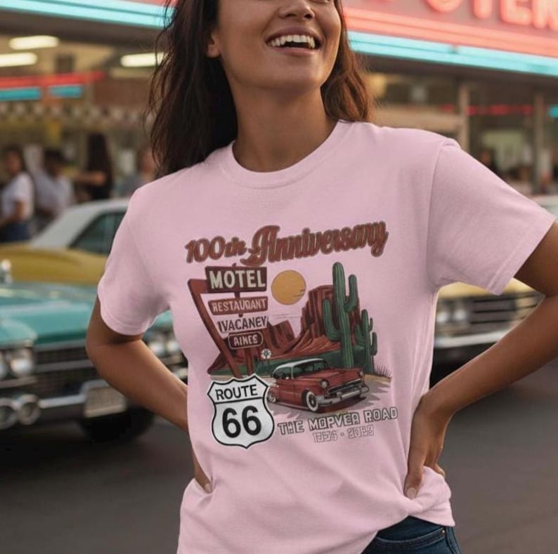 Camiseta retro del centenario de la Ruta 66. Camiseta clásica americana para viajes por carretera. Camiseta de recuerdo del centenario de la Ruta Madre 66 para hombres y mujeres. imagen 2