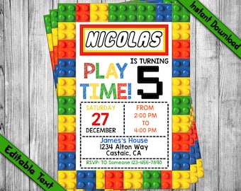INSTANT DOWNLOAD_Colored Building Blocks Birthday Invitation, Construction Bricks Invitation, Boys Birthday Party,Building Blocks Invitation