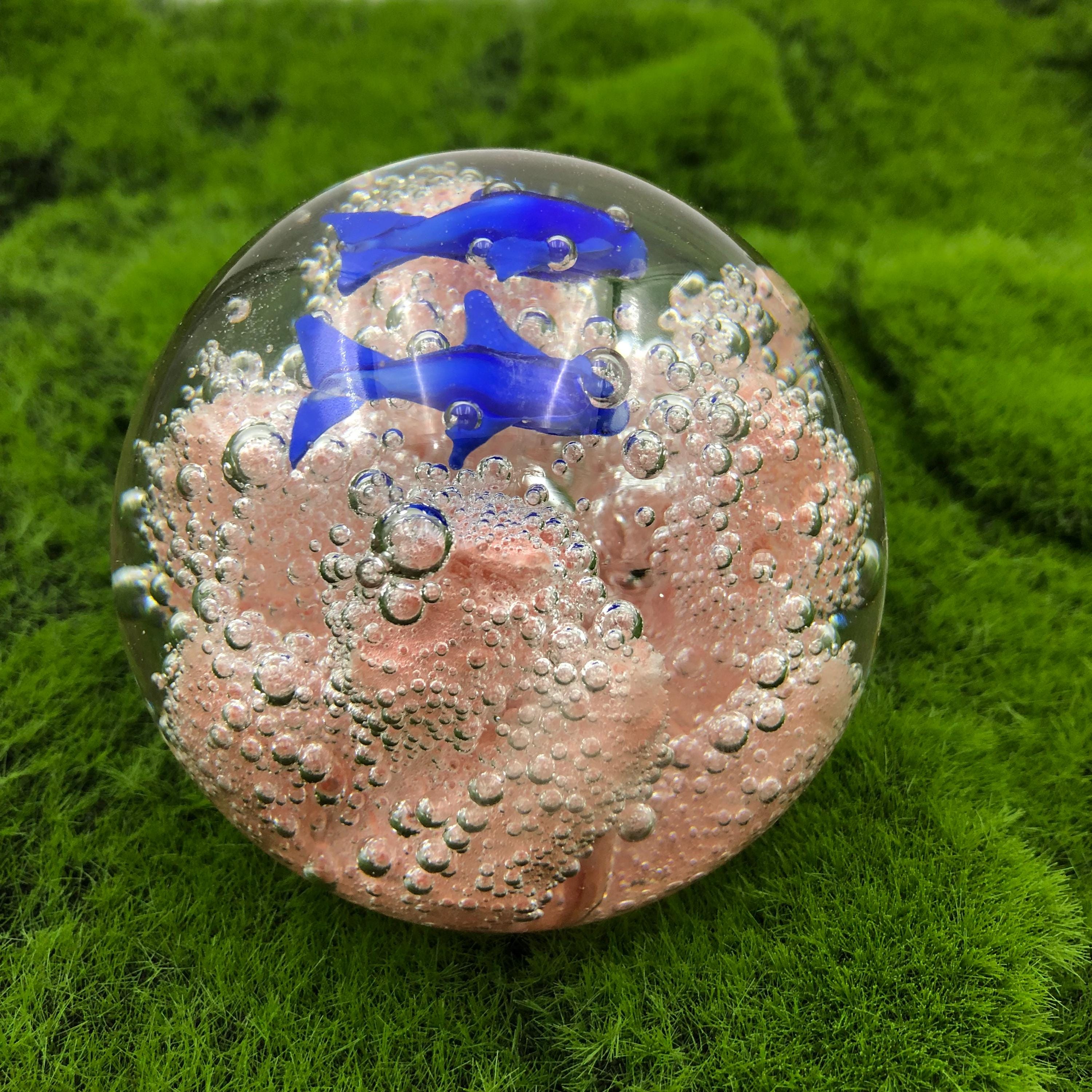 Vintage Glass Paperweight Art Pink Offean Blue Fish Desk Decor Holiday Gifts