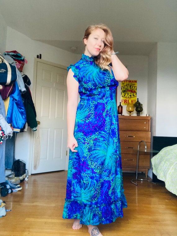 Vintage 1970s bright floral ruffled maxi dress