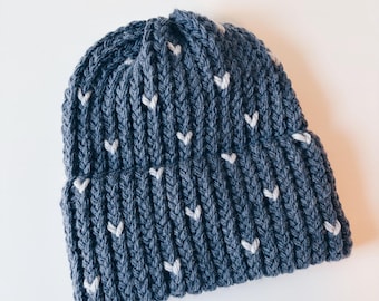 Handmade Navy Knit Beanie – Light Blue Hearts, Wool Blend Brim