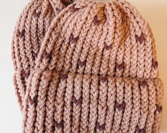Handmade Light Pink Knit Beanie – Dark Pink Hearts, Winter Hat
