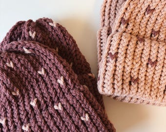 Handmade Heart Knit Beanie – Magenta Pink Winter Hat