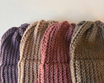 Handmade Knit Wool Beanie – Solid Color Winter Hat with Brim
