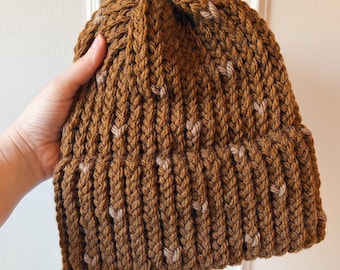 Neutral Hat for Everyday Wear – Tan Heart Fair Isle Pattern, Winter Brim Hat