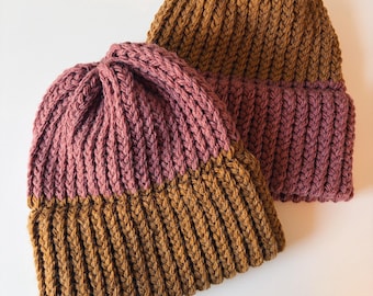 Handmade Two-Tone Knit Beanie – Color Block Wool Blend Winter Hat