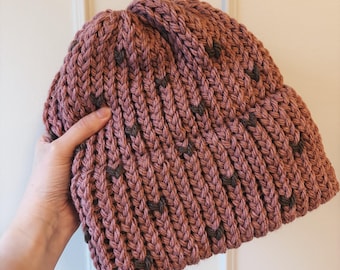 Hand Knit Fair Isle Beanie – Rose Pink Wool Hat with Brown Hearts