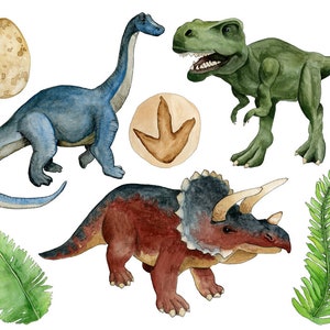 May include: Watercolor illustration of three dinosaurs, a blue brachiosaurus, a green Tyrannosaurus Rex, and a brown Triceratops, with a brown dinosaur egg, a brown footprint, and two green ferns.