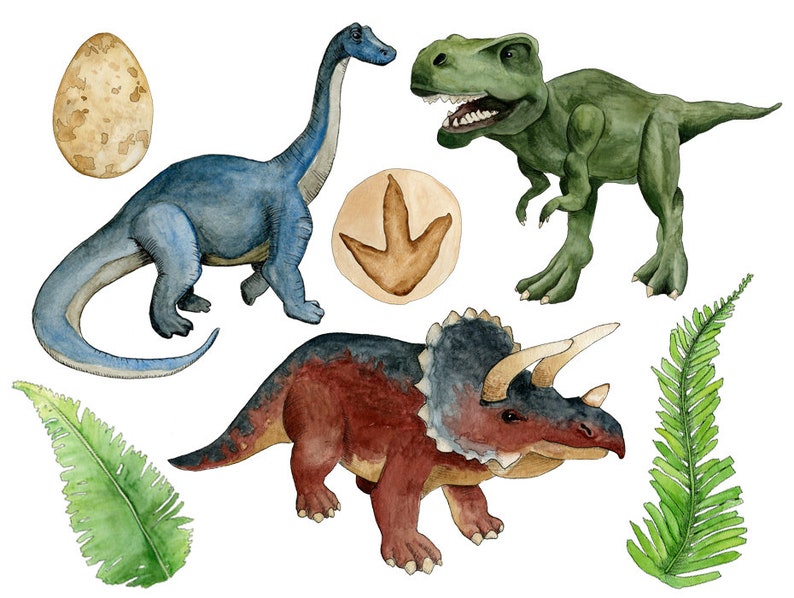 May include: Watercolor illustration of three dinosaurs, a blue brachiosaurus, a green Tyrannosaurus Rex, and a brown Triceratops, with a brown dinosaur egg, a brown footprint, and two green ferns.