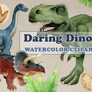 May include: Watercolor clipart featuring three dinosaurs: a green Tyrannosaurus Rex, a blue Brachiosaurus, and a brown Triceratops. The dinosaurs are surrounded by green ferns and a brown dinosaur footprint. The text "Daring Dinos WATERCOLOR CLIPART" is displayed in blue letters.
