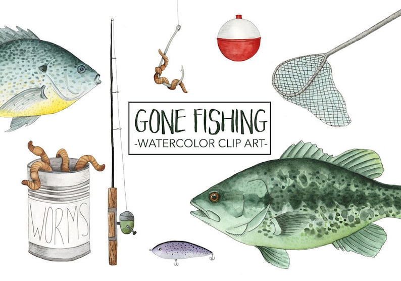 May include: Watercolor clipart set featuring fishing themed illustrations.  The set includes a fishing rod, a fishing net, a bucket of worms, a red and white bobber, a fish, and a lure.  The text "Gone Fishing - Watercolor Clip Art" is included in the image.