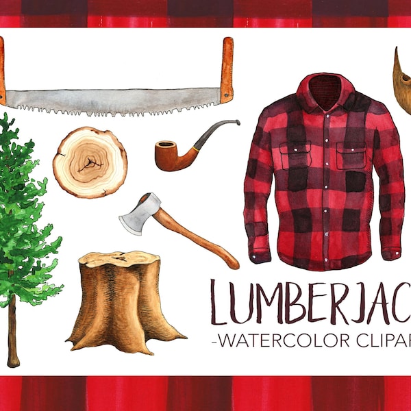 Lumberjack Clipart - Buffalo Plaid Clipart - Autumn Clipart - Watercolor Clipart - Clip Art