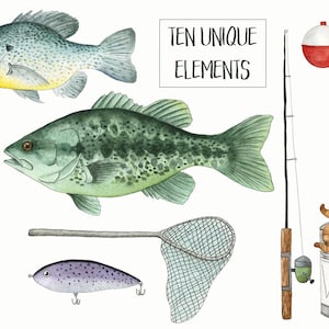 May include: A watercolor illustration of fishing gear, including two fish, a fishing rod, a net, a lure, a worm can, and a bobber. The text "TEN UNIQUE ELEMENTS" is written in black at the top of the image.