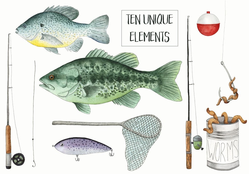 May include: A watercolor illustration of fishing gear, including two fish, a fishing rod, a net, a lure, a worm can, and a bobber. The text "TEN UNIQUE ELEMENTS" is written in black at the top of the image.