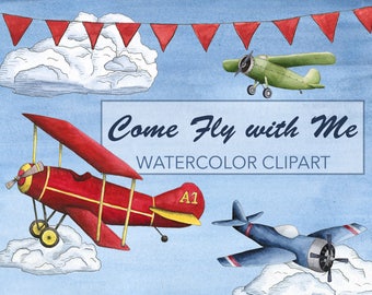 Airplane Watercolor Clipart - Airplane Watercolor Clip Art - Plane Watercolor Clipart - Plane Clip Art - Watercolor Aviation Clip Art