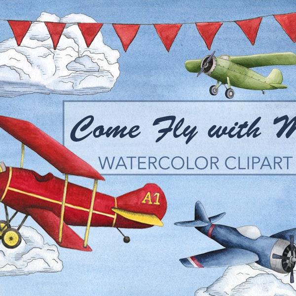Airplane Watercolor Clipart - Airplane Watercolor Clip Art - Plane Watercolor Clipart - Plane Clip Art - Watercolor Aviation Clip Art
