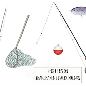 May include: A set of fishing illustrations, including a fishing rod with a bobber, a fishing net, and a fish with a lure. The illustrations are in watercolor style and have a white background. PNG files on transparent backgrounds.