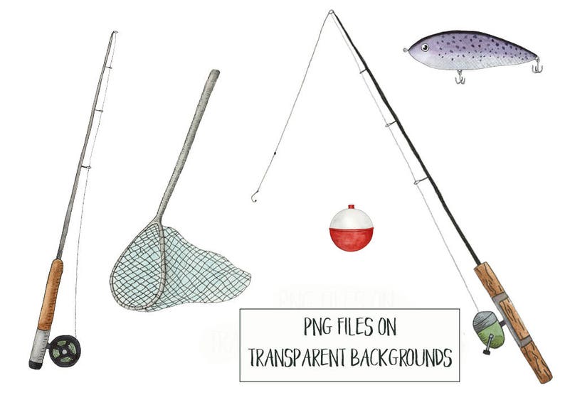 May include: A set of fishing illustrations, including a fishing rod with a bobber, a fishing net, and a fish with a lure. The illustrations are in watercolor style and have a white background. PNG files on transparent backgrounds.