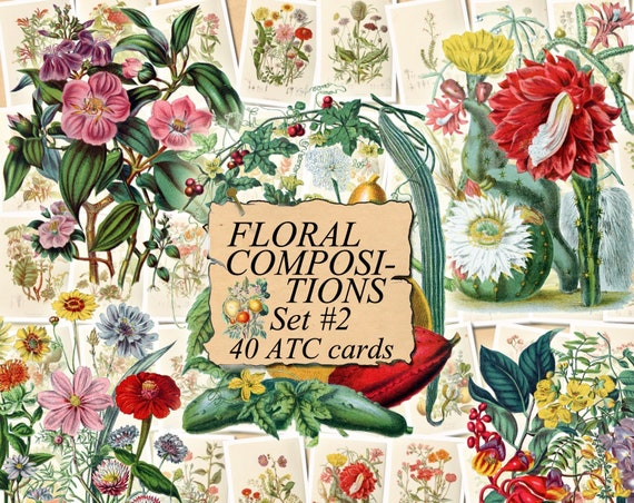 digital collage sheet 40 atc cards Printable Instant Download Image Digital Cards Tags vintage journals kit floral ADORABLE FLOWERS Set #3