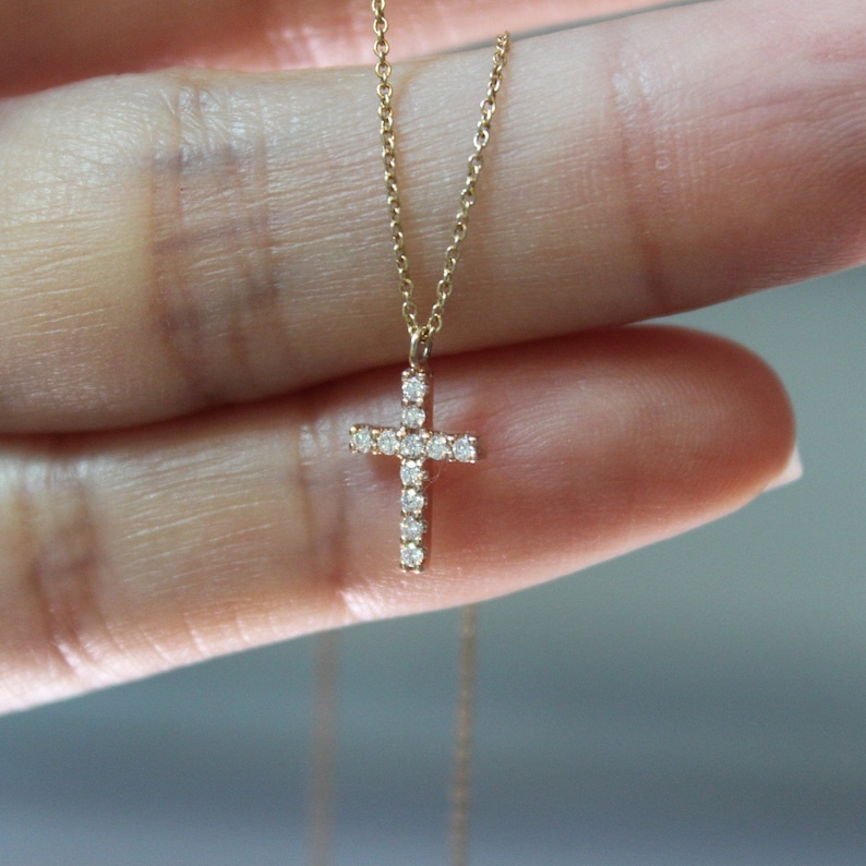 Tiny Diamond Cross Necklace Petite Diamond Cross Necklace Etsy