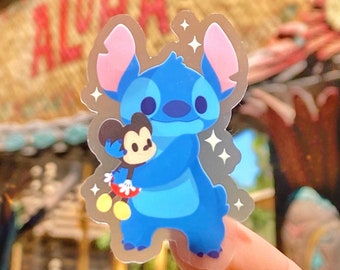 Stitch with Mickey Plushie Transparent Disney Laptop Stickers/ Lilo and Stitch Ohana Aloha planner stationery decal water bottle cell phone